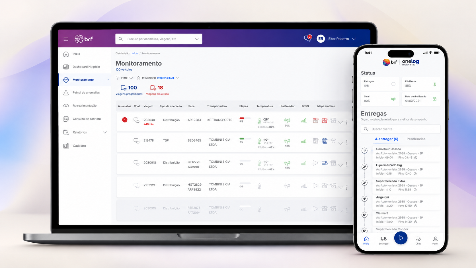 Mockup do BRFLOG: notebook com a tela de Monitoramento da plataforma web e smartphone em primeiro plano com o aplicativo do motorista.
