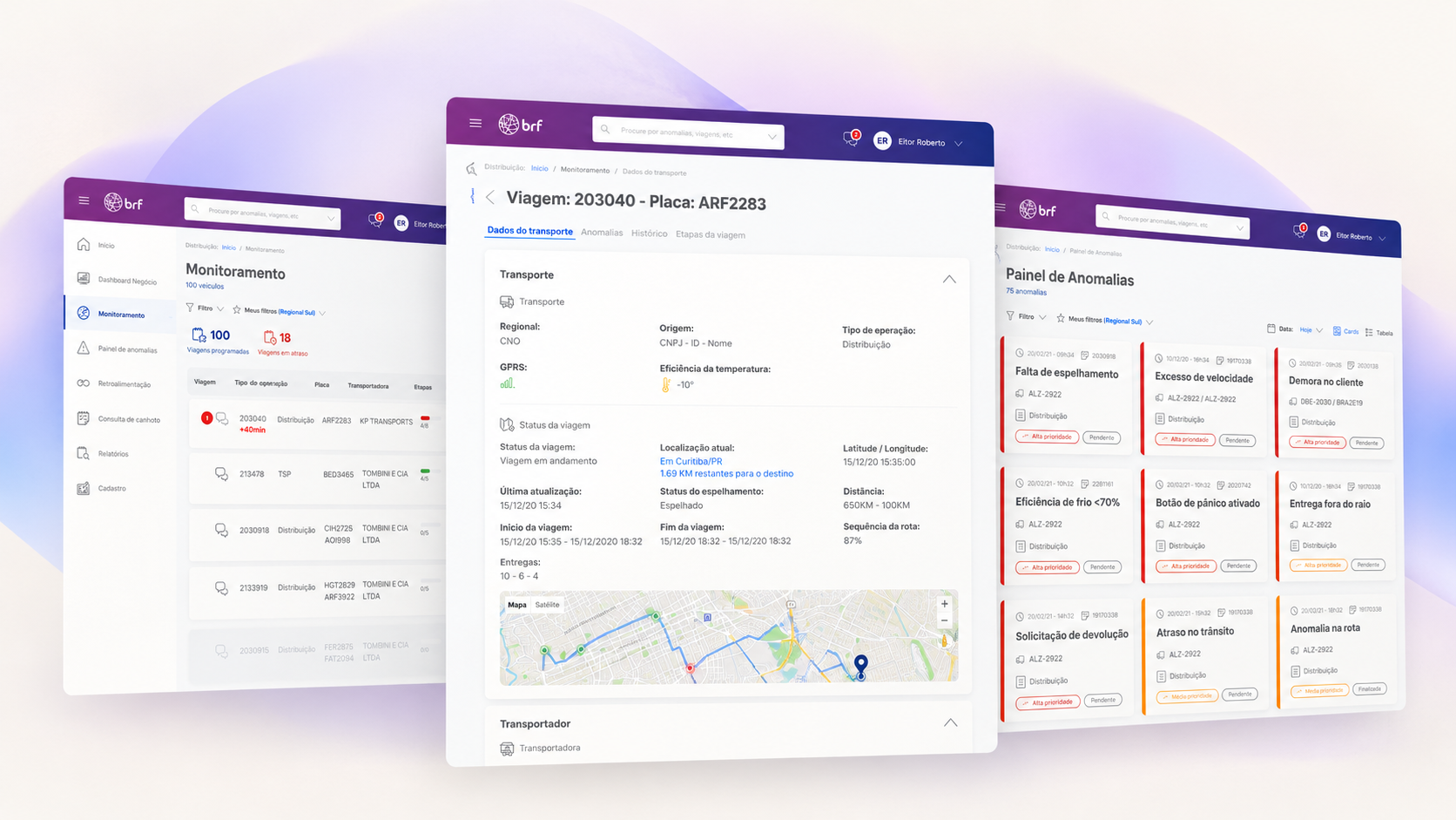 Três telas da plataforma web do BRFLOG: Monitoramento, com a lista de viagens; detalhe da viagem, com dados do transporte, status e mapa da rota; e Painel de Anomalias, com ocorrências classificadas por prioridade.