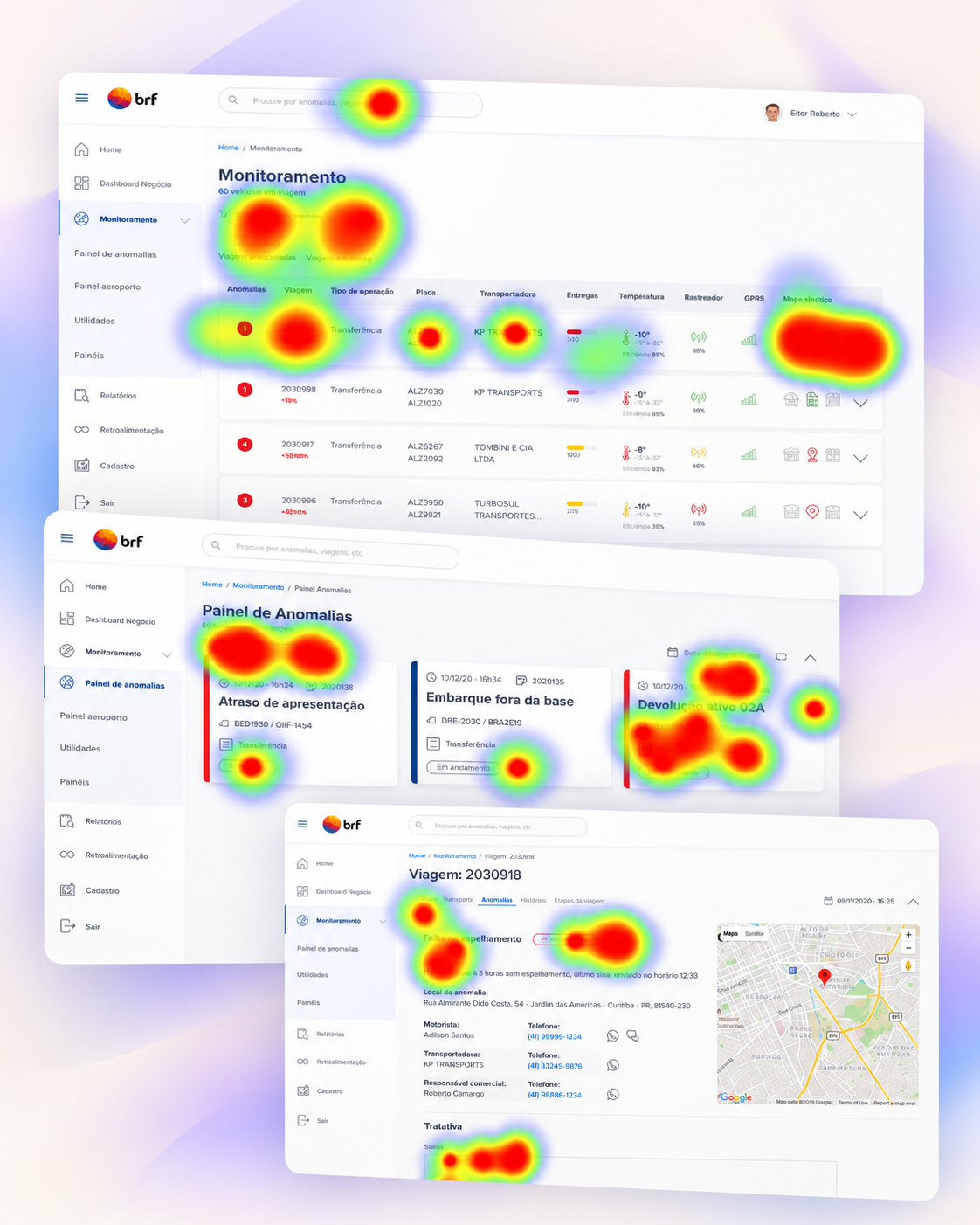 Três telas do protótipo testadas no Maze com mapas de calor sobrepostos: Monitoramento, Painel de Anomalias e detalhe de uma viagem com a aba de anomalias, mostrando onde os participantes concentraram cliques.