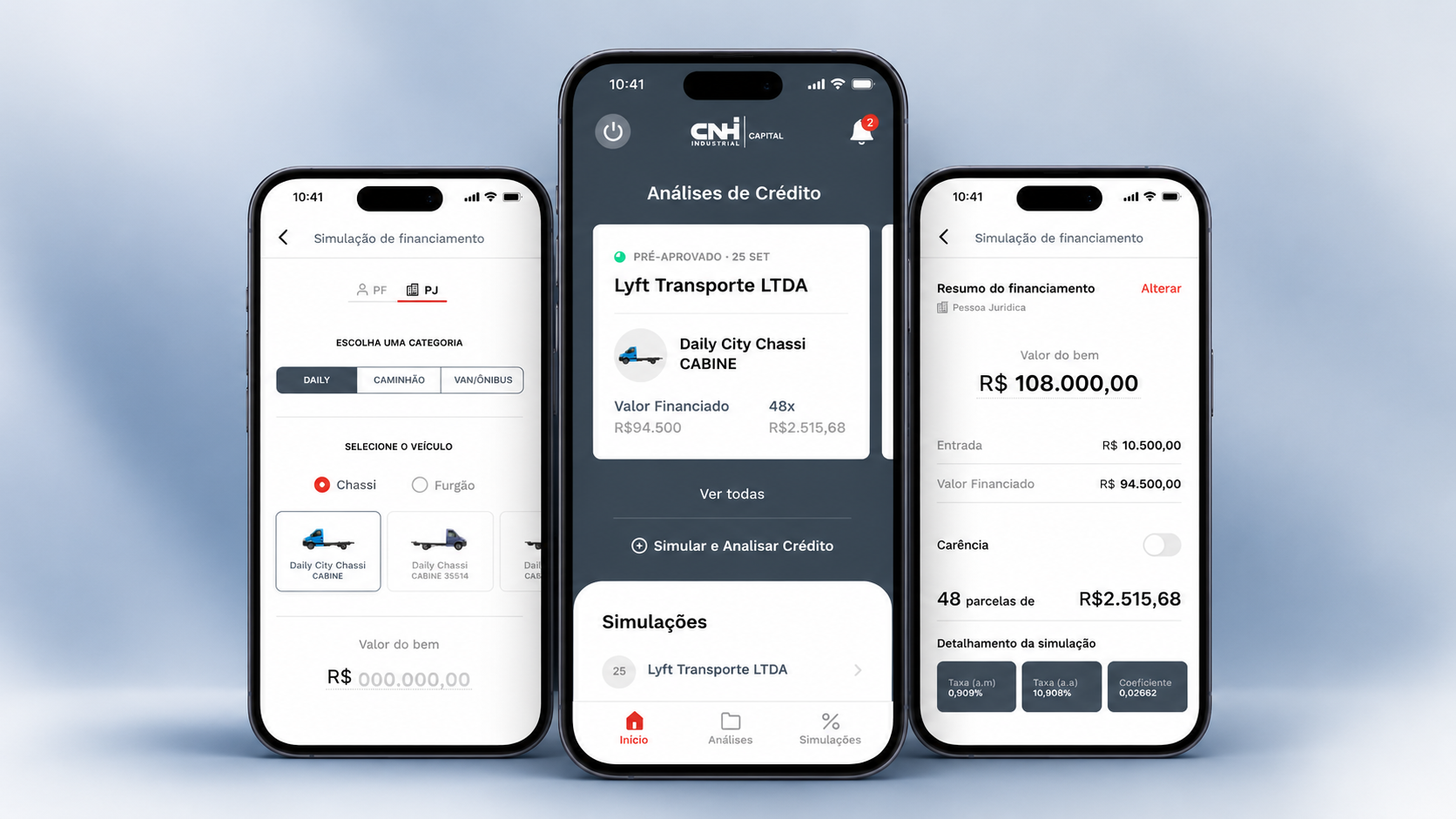 Três celulares com telas do aplicativo +Capital: simulação de financiamento com escolha do veículo, tela inicial de Análises de Crédito e resumo do financiamento com parcelas e detalhamento da simulação.
