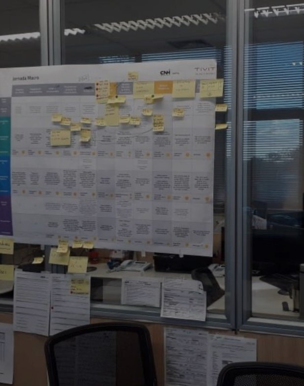Mapa da jornada impresso e fixado em uma divisória de vidro do escritório, com post-its de anotações do time.