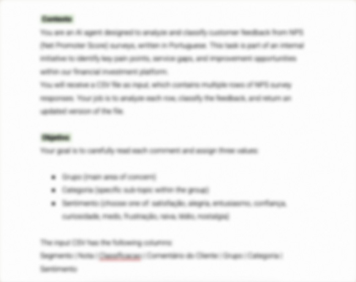Trecho do prompt estruturado, com as seções Contexto e Objetivo. O texto aparece desfocado.